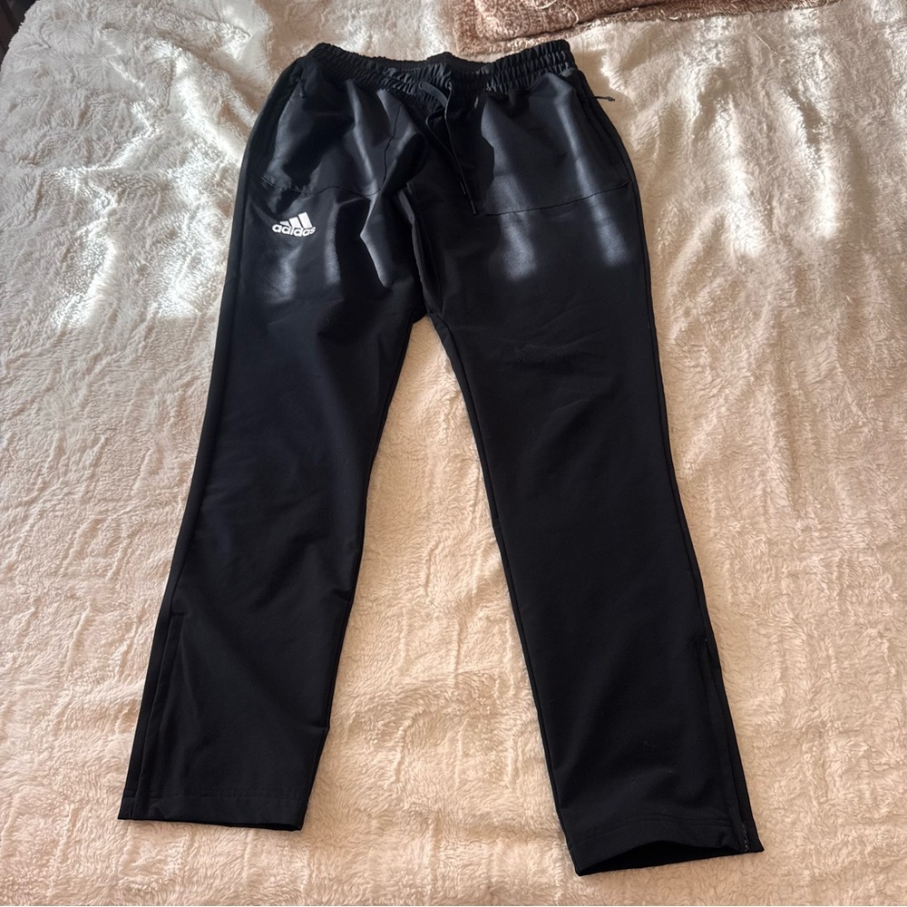 adidas Black Athletic Zip-Hem Track Pants with White Logo